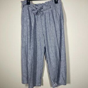 Dash Women's Linen Blend Cropped Pants Navy White Stripe Wide Leg Large!